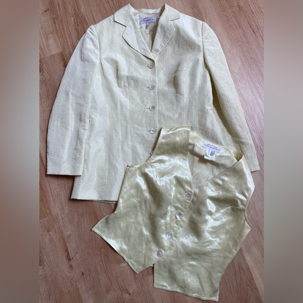 Vintage Pale Yellow Linen Blazer with Matching Vest